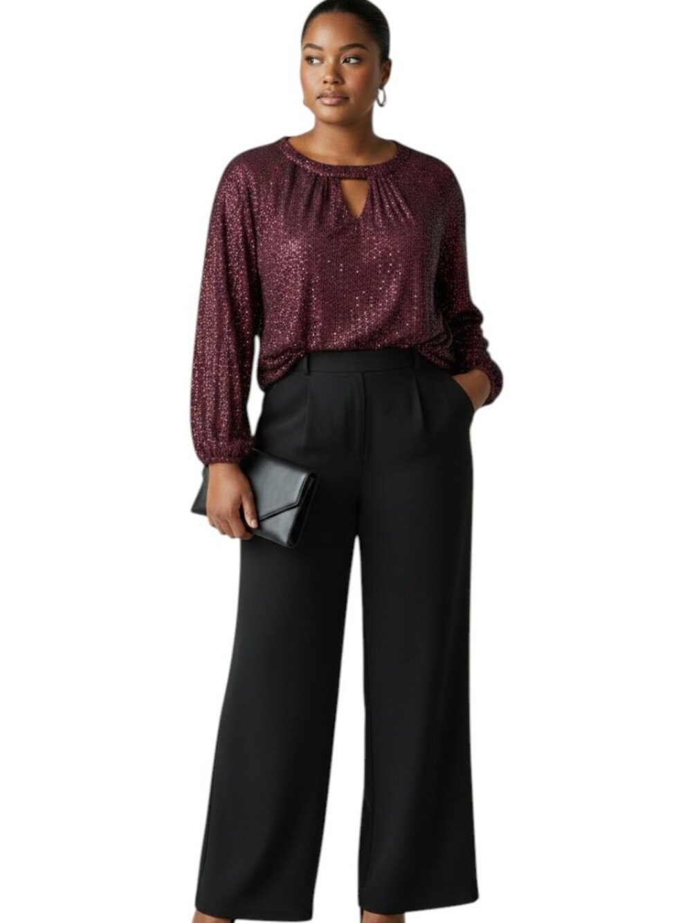 Womens Sequin Sparkly Burgundy Blouse Top Keyhole Neckline 3X Blouson Holiday